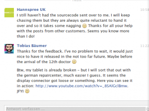Fourth response from Hannspree UK regarding sn97t41w sources