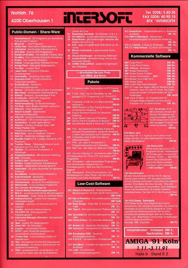 Werbeanzeige der Firma Intersoft aus Oberhausen für A-Mopoly (zum Preis von 39,- DM)  in Ausgabe 91/11 der "Amiga Joker"