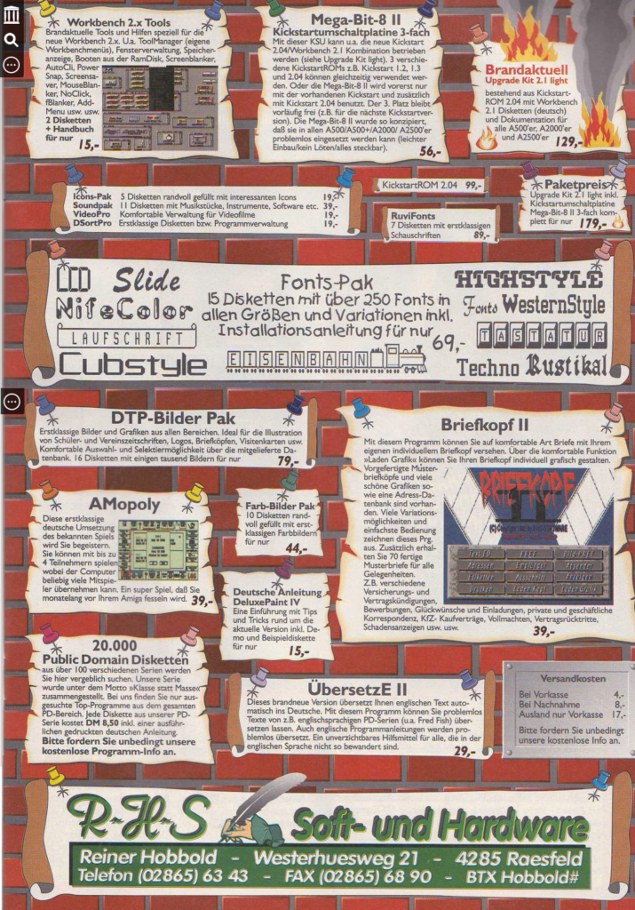 Ganzseitige Werbeanzeige der Firma R-H-S für A-Mopoly in Ausgabe 93/04 der "Amiga Joker"